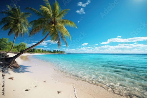 Tropical beach with coconut palm trees and blue sky background.