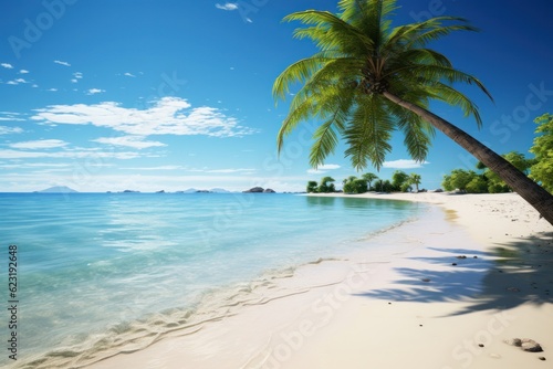 Tropical beach with coconut palm trees and blue sky background. © Angus.YW