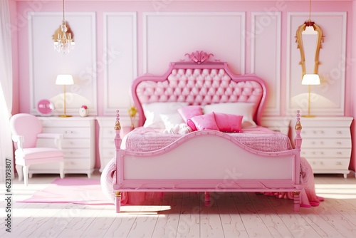 Doll like room. Big comfortable royal bed with pillows in luxury bedroom interior. Generative Ai