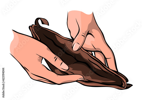 Empty purse in the hands of a woman. Open wallet without money closeup. Financial crisis, unemployment and poverty. Social problem. Cartoon vector illustration isolated on white background