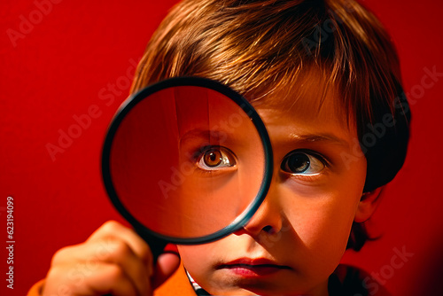 Captivating scene of curious young boy intently examining through a massive magnifying glass; bright red backdrop signifies his burning desire to learn. Generative AI