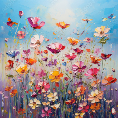 Blooming summer meadow vibrant and colorful flowers oil art. AI Generation © KatrinAV
