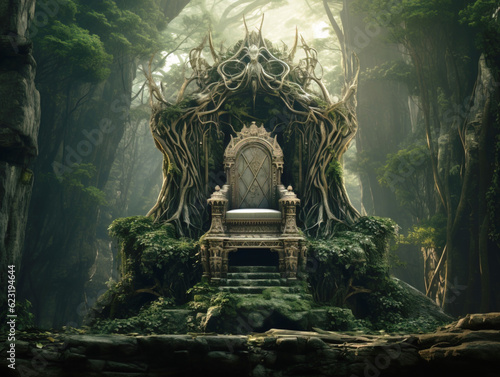 Decorated throne. The green throne standing in the forest.