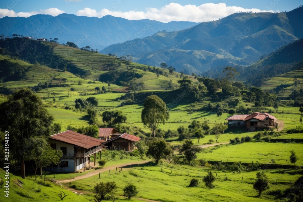 Fototapeta premium Tranquil Retreat: LATAM Farm Finca in Colombia for Couples and Families Generative AI