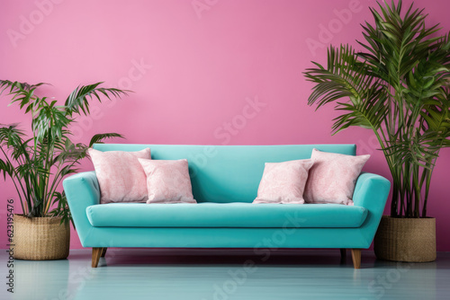 Empty raspberry Wall, Full of Potential: Modern turquoise Sofa and Stylish Decor Await Your Frames & Text - Minimalist Interior Living Room Design
 photo