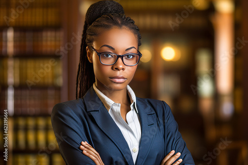Confident African woman, stylishly attired in legal professional attire, interestingly poised with crossed arms and wearing glasses. Embodying justice and legal protection. Generative AI photo