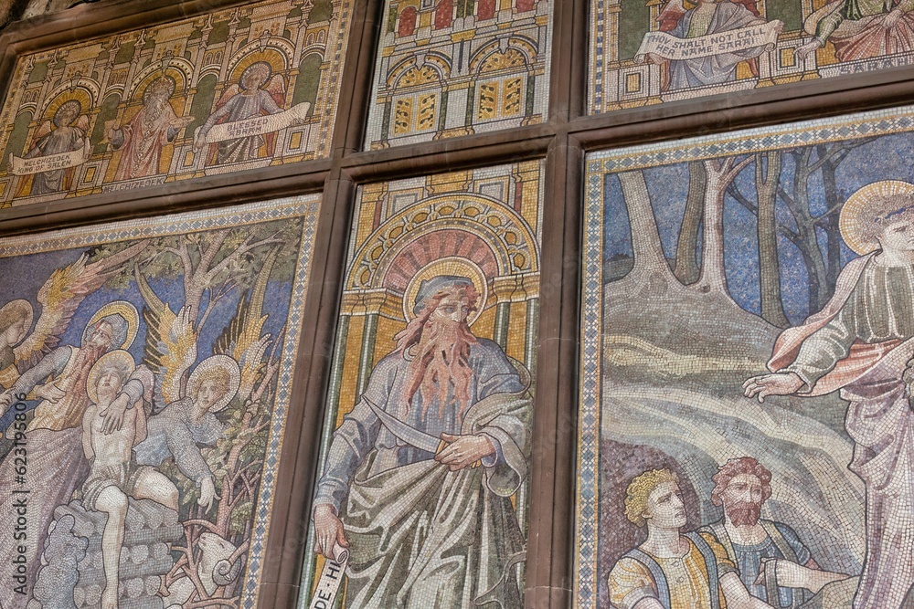 A wall in a religious mosaic in the Cathedral in the City of Chester UK A wall in a religious mosaic in the Cathedral in the City of Chester UK
