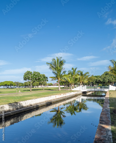 Palm Trees Reflected in Blue Canal Water with a White Walking Bridge.