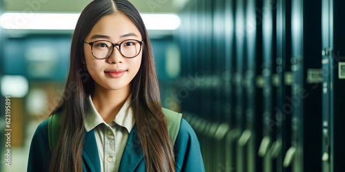 Inspiring image of a young, smart Asian woman in glasses and school uniform situated in a university locker room. Generative AI