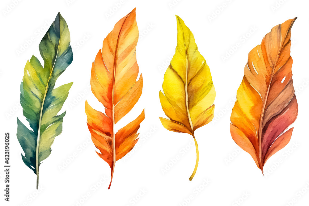 set watercolor autumn banana leaves on a white background.