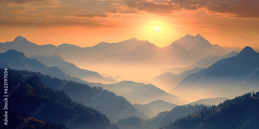 mountains landscape. Morning wood panorama, pine trees and mountains silhouettes.