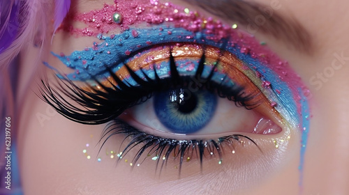 ai generative female eye close up with colorful and fantasy makeup 