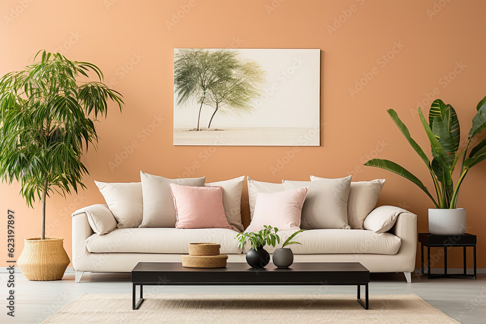 Empty orange Wall, Full of Potential: Modern white Sofa and Stylish Decor Await Your Frames & Text - Minimalist Interior Living Room Design
