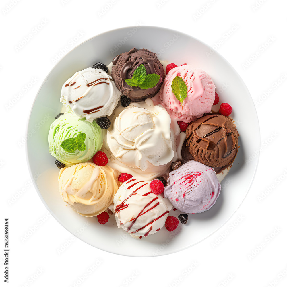 Assorted Ice Cream Flavors With Toppings On White Plate, On Isolated Transparent Background, Png. Generative AI Assorted Ice Cream Flavors With Toppings On White Plate, On Isolated Transparent Background, Png. Generative AI