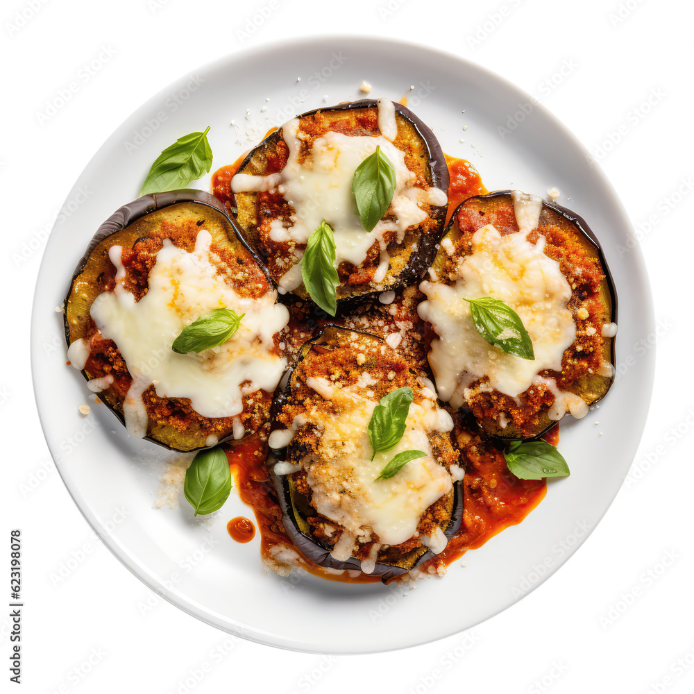 Baked Eggplant Parmesan On White Plate, On Isolated Transparent Background, Png. Generative AI Baked Eggplant Parmesan On White Plate, On Isolated Transparent Background, Png. Generative AI