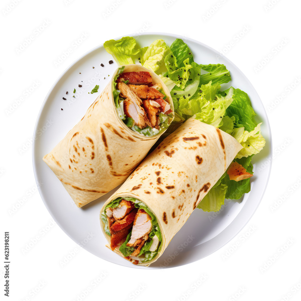 Chicken Caesar Wrap On White Plate, On Isolated Transparent Background, Png. Generative AI Chicken Caesar Wrap On White Plate, On Isolated Transparent Background, Png. Generative AI