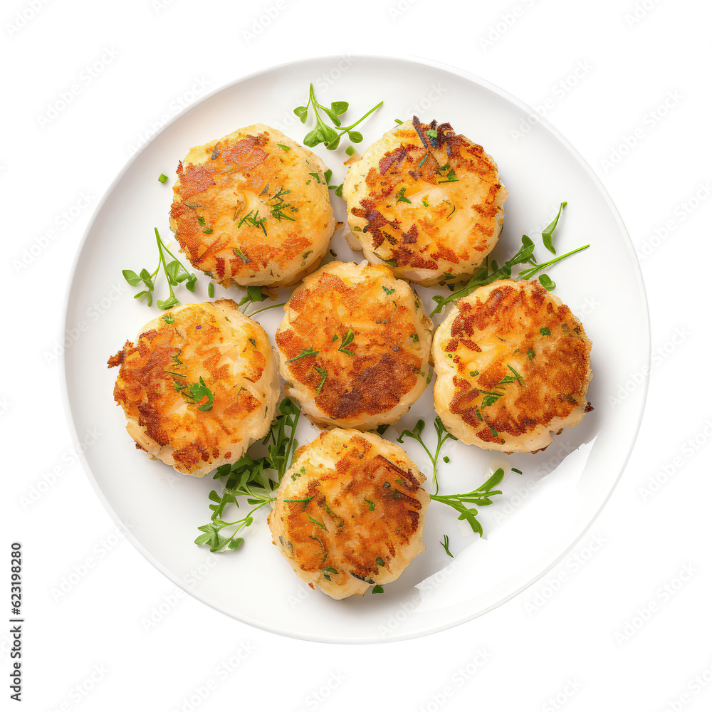 Crab Cakes On White Plate, On Isolated Transparent Background, Png. Generative AI Crab Cakes On White Plate, On Isolated Transparent Background, Png. Generative AI