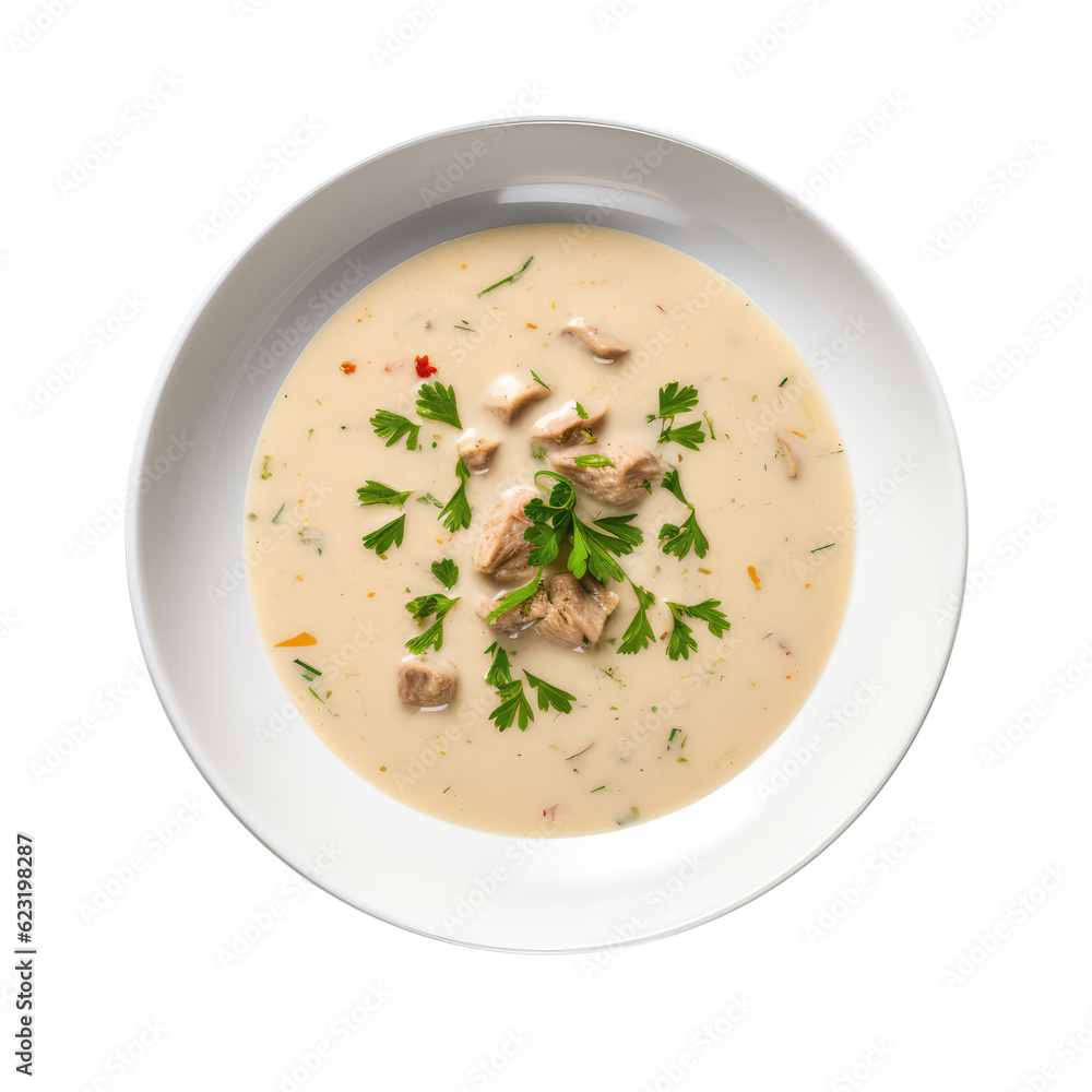 Cream Of Chicken Soup On White Plate, On Isolated Transparent Background, Png. Generative AI