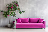 Empty grey Wall, Full of Potential: Modern cherry pink Sofa and Stylish Decor Await Your Frames & Text - Minimalist Interior Living Room Design
