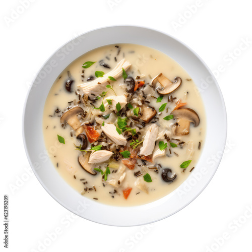 Chicken And Wild Rice Soup On White Plate, On Isolated Transparent Background, Png. Generative AI