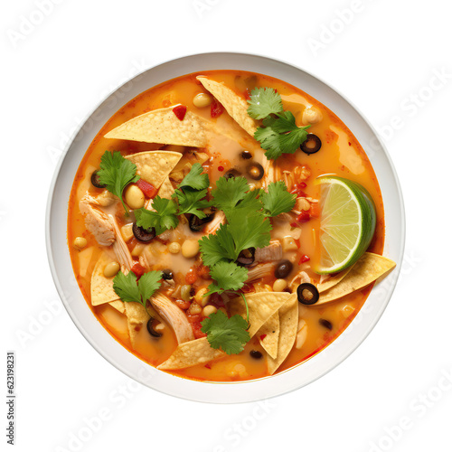 Chicken Tortilla Soup On White Plate, On Isolated Transparent Background, Png. Generative AI