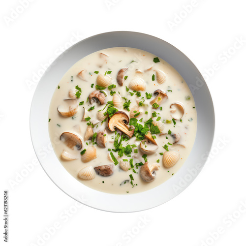 Clam Chowder On White Plate, On Isolated Transparent Background, Png. Generative AI