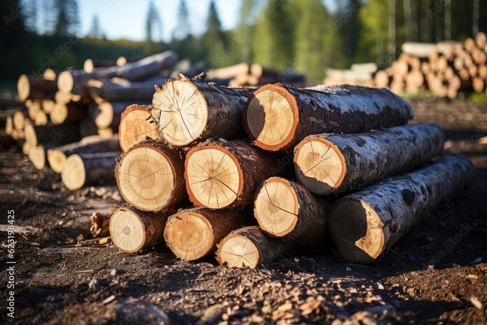 Log stacks along the forest road. Forest pine and spruce trees. Generative AI Log stacks along the forest road. Forest pine and spruce trees. Generative AI