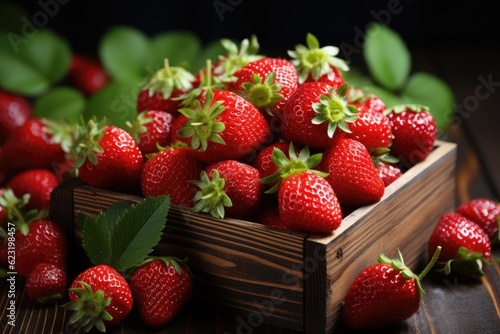 Organic strawberries in a wooden box. Generative AI
