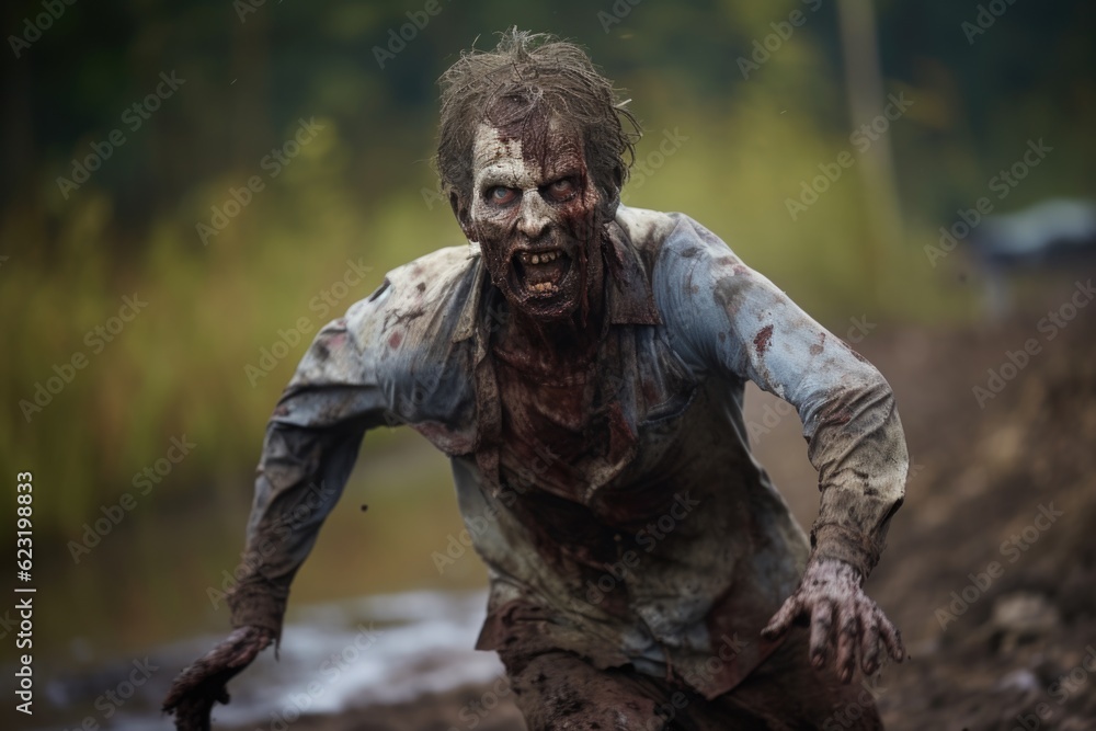 Obraz premium Relentless Pursuit: Zombie Charging Towards the Camera Generative AI