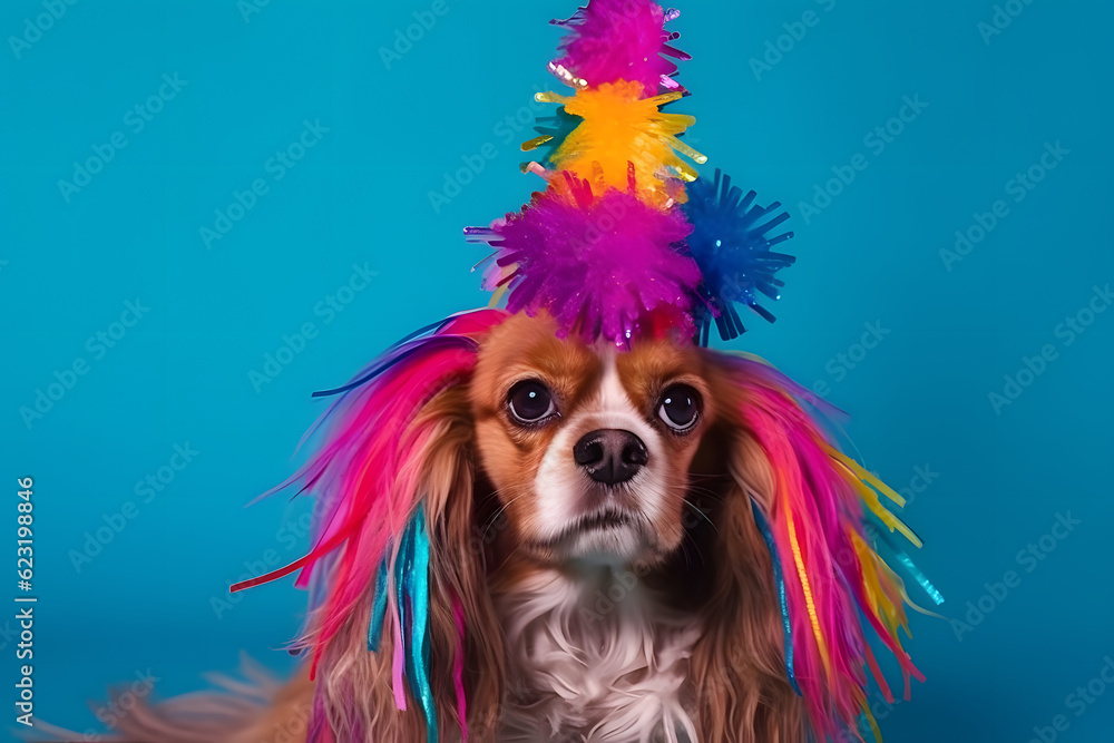 Funny and friendly cute dog (King Charles Spaniel) wearing a birthday party hat in studio, on a vibrant, colorful background. Generative AI