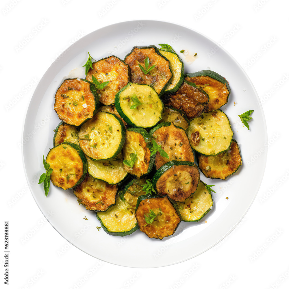 Fried Zucchini On White Plate, On Isolated Transparent Background, Png. Generative AI Fried Zucchini On White Plate, On Isolated Transparent Background, Png. Generative AI