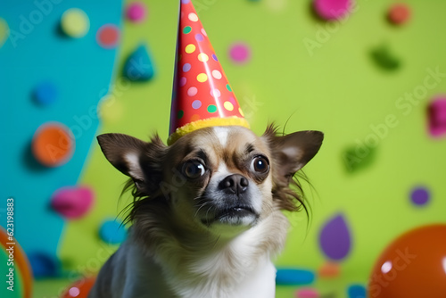 Funny and friendly cute dog (Chihuahua) wearing a birthday party hat in studio, on a vibrant, colorful background. Generative AI © Mihai Zaharia