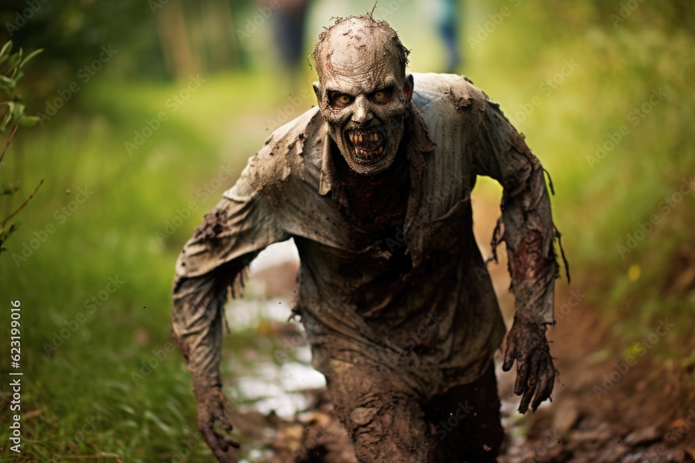 Obraz premium Relentless Pursuit: Zombie Charging Towards the Camera Generative AI