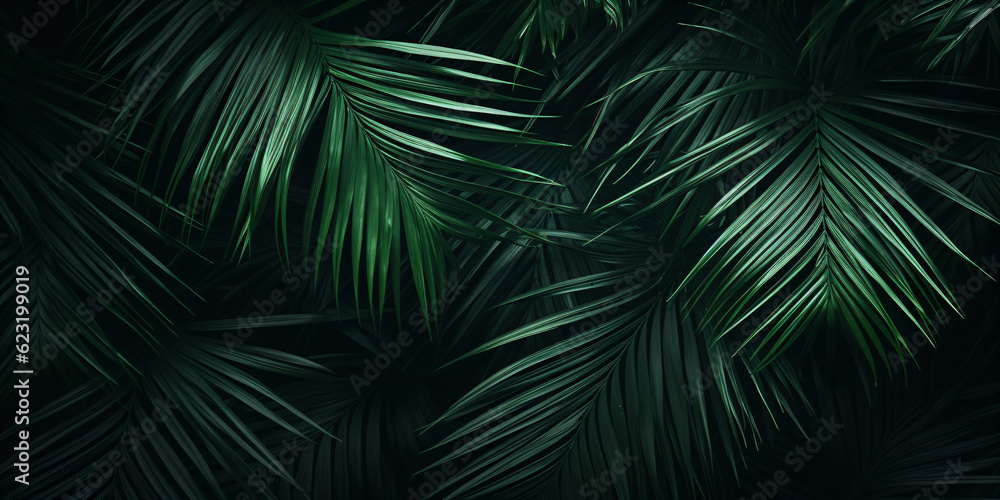 Tropical green palm leaves on dark background. Natural summer background - created with AI
Tropical green palm leaves on dark background. Natural summer background - created with AI