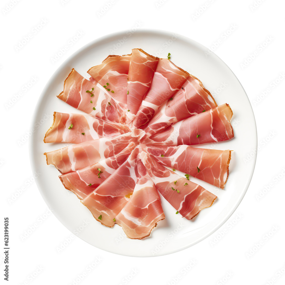 Jamon On White Plate, On Isolated Transparent Background, Png. Generative AI Jamon On White Plate, On Isolated Transparent Background, Png. Generative AI
