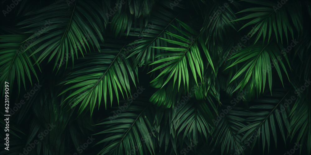 Tropical green palm leaves on dark background. Natural summer background - created with AI 
