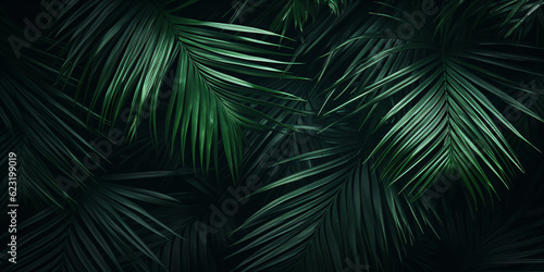 Tropical green palm leaves on dark background. Natural summer background - created with AI  