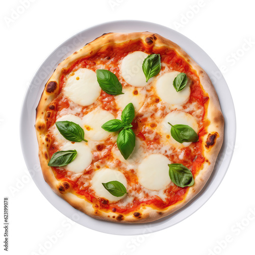 Pizza Margherita On White Plate, On Isolated Transparent Background, Png. Generative AI