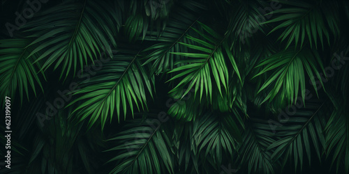 Tropical green palm leaves on dark background. Natural summer background - created with AI  