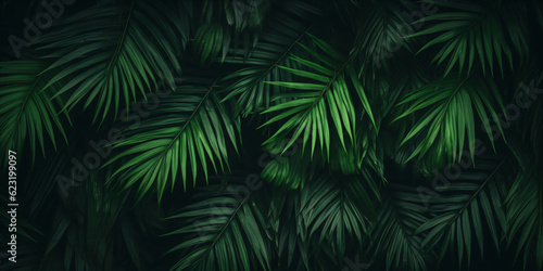 Tropical green palm leaves on dark background. Natural summer background - created with AI 
