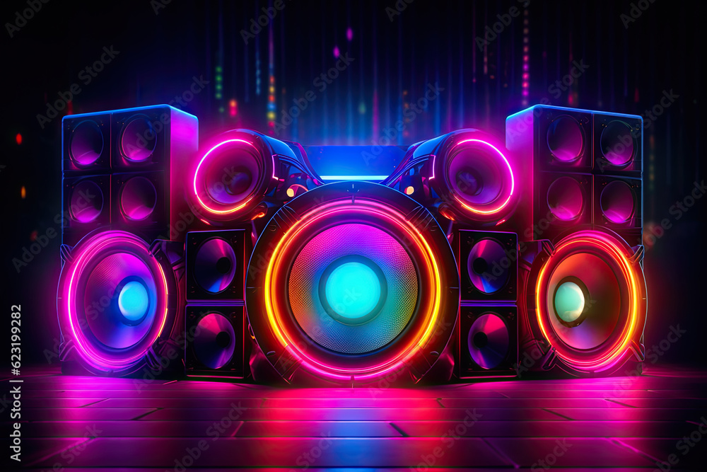© Media_Works - Neon Glowing Blue Performance Music Studio Vibrant Electric Synthwave Club Loud Speakers Show Event Empty Room Shiny Stage Poidum Concert © Media_Works - Neon Glowing Blue Performance Music Studio Vibrant Electric Synthwave Club Loud Speakers Show Event Empty Room Shiny Stage Poidum Concert