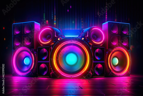 Neon Glowing Blue Performance Music Studio Vibrant Electric Synthwave Club Loud Speakers Show Event Empty Room Shiny Stage Poidum Concert photo