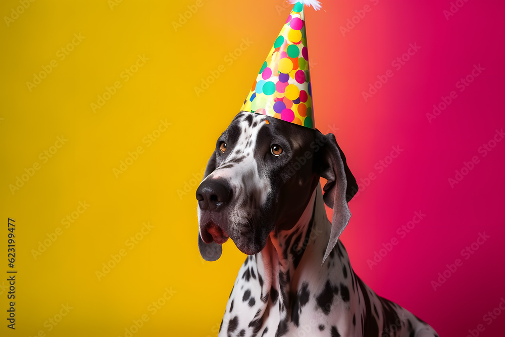 Funny and friendly cute dog (Great Dane) wearing a birthday party hat in studio, on a vibrant, colorful background. Generative AI - obrazy, fototapety, plakaty 