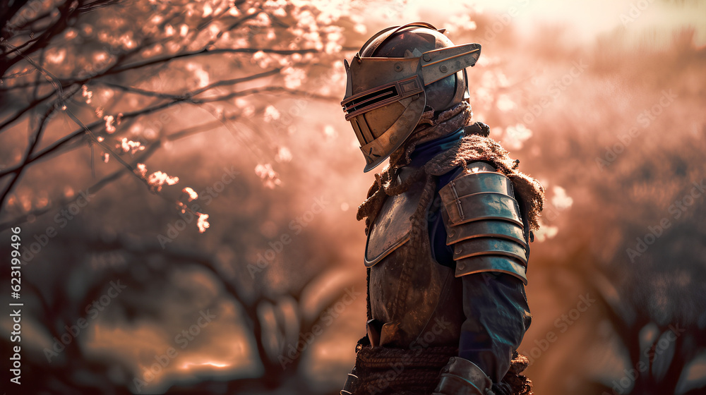 Armored samurai in a park filled with cherry blossoms Armored samurai in a park filled with cherry blossoms