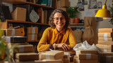 Entrepreneur sitting at her desk, smiling at the camera, in front of her packed parcels to be shipped., generative AI
