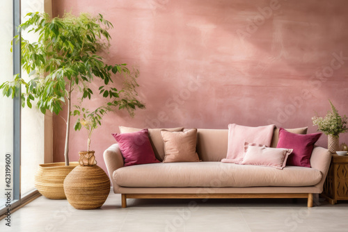 Empty pink Wall, Full of Potential: Modern beige Sofa and Stylish Decor Await Your Frames & Text - Minimalist Interior Living Room Design  © Jyukaruu's Studio