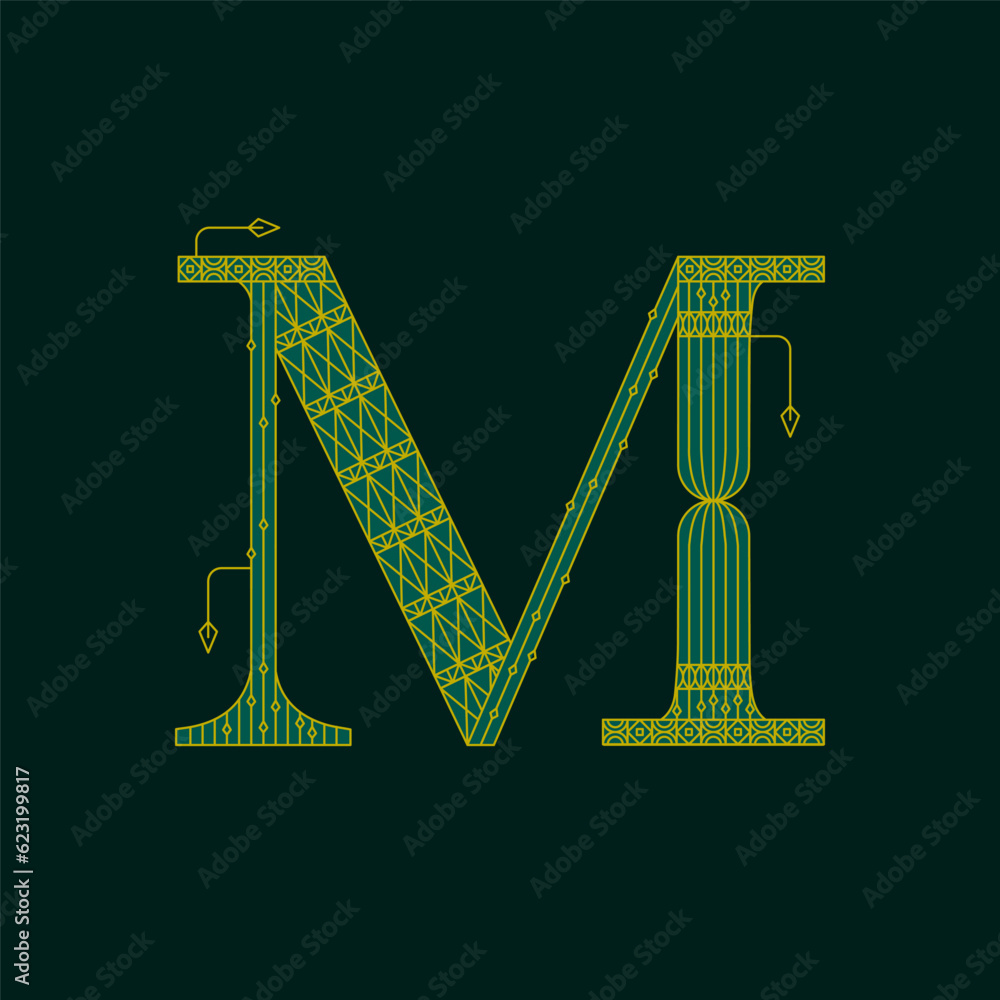 Green M Artdeco Letter. Vector Illustration of Decorative Type Word and Alphabet symbol. Green M Artdeco Letter. Vector Illustration of Decorative Type Word and Alphabet symbol.