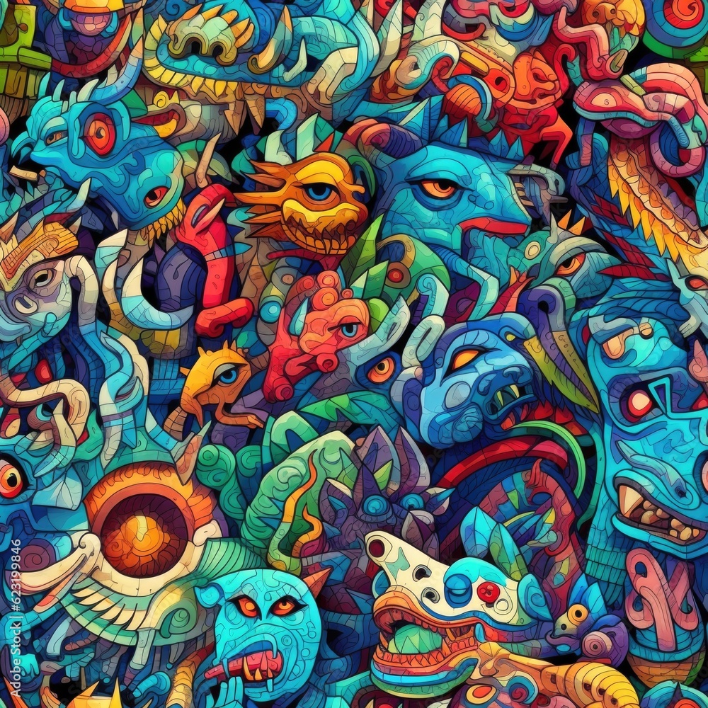 Vibrant Surrealism: Colorful Heads in Surrealistic Cartoon Style with Aztec and Street Art Influences Generative ai