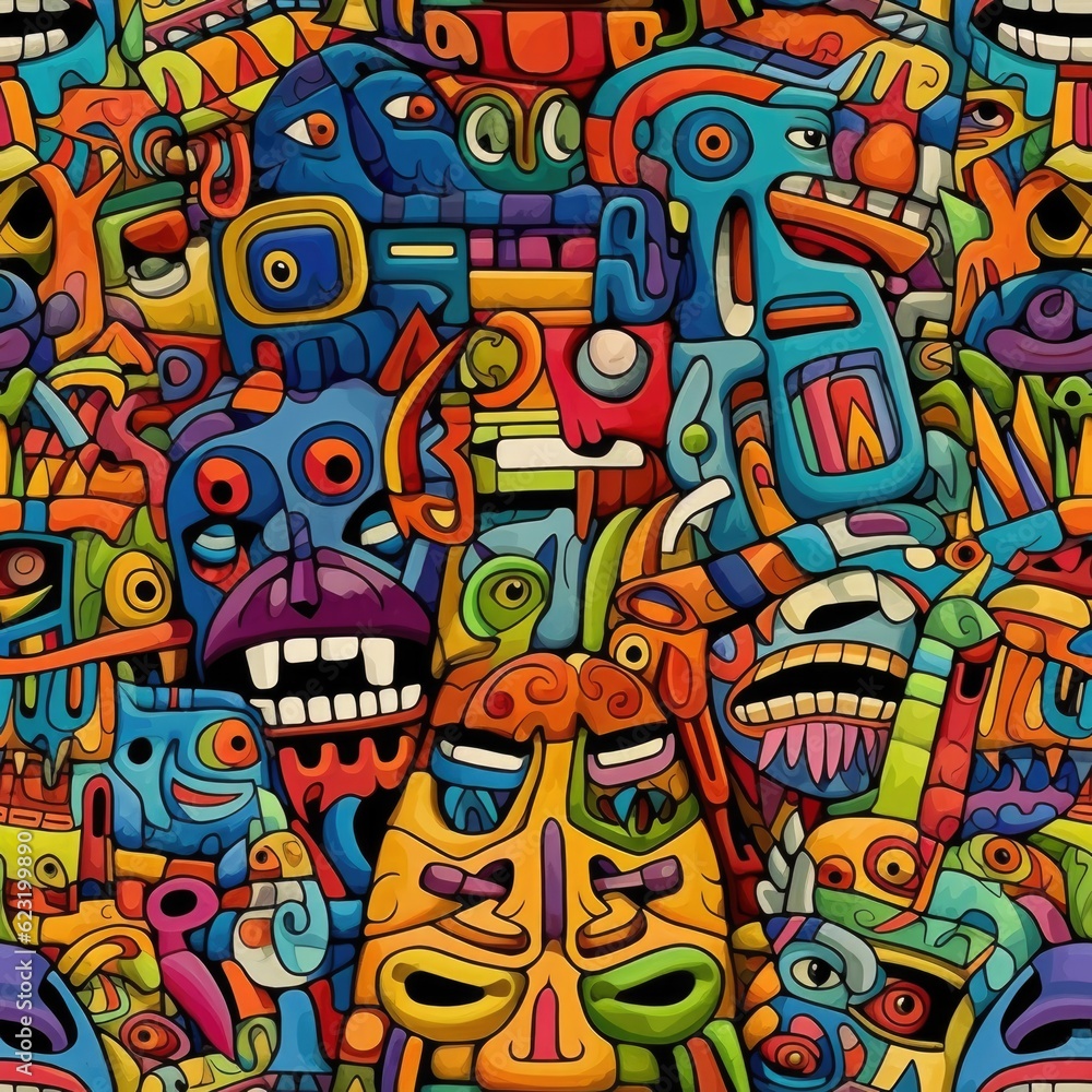 custom made wallpaper toronto digitalVibrant Surrealism: Colorful Heads in Surrealistic Cartoon Style with Aztec and Street Art Influences Generative ai