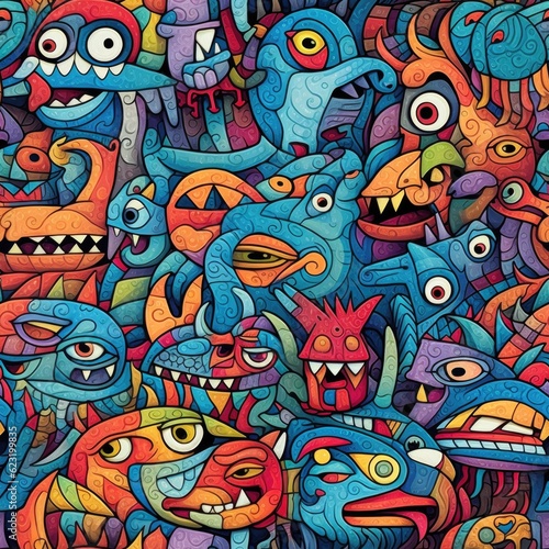 Vibrant Surrealism  Colorful Heads in Surrealistic Cartoon Style with Aztec and Street Art Influences Generative ai